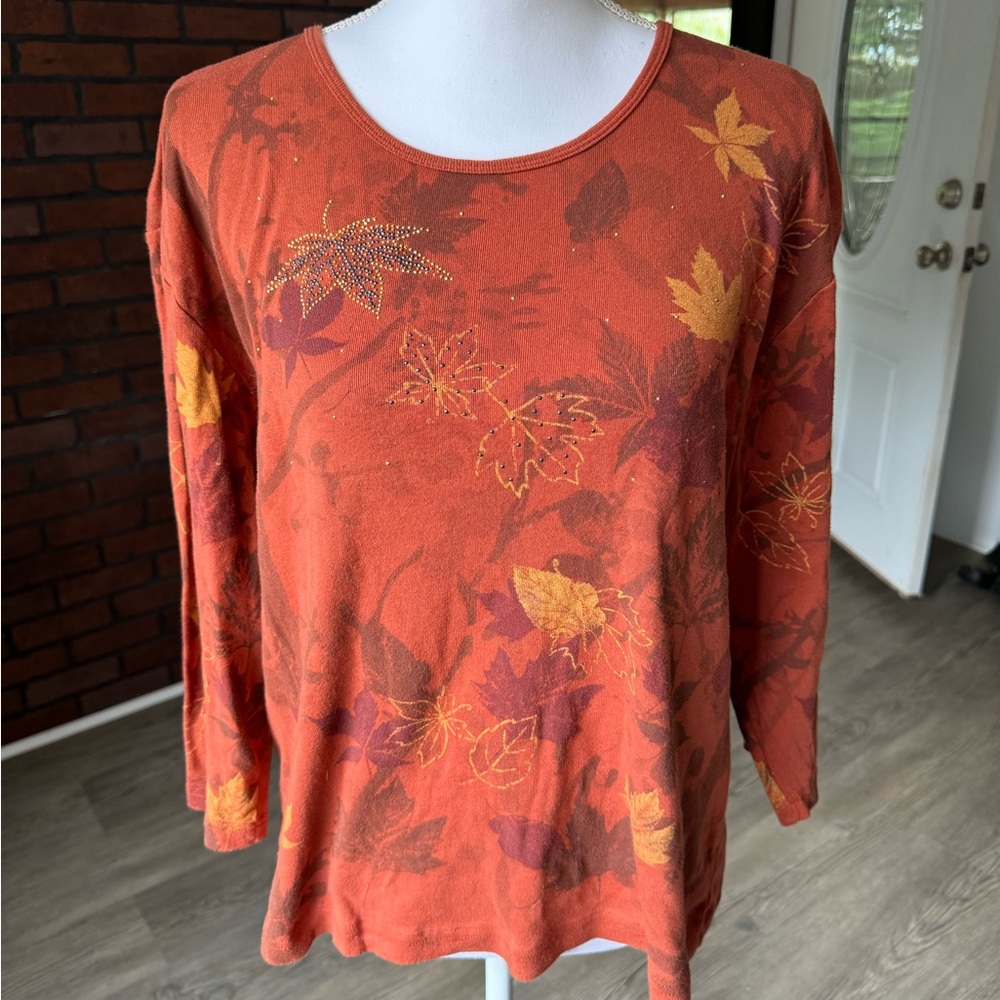 Beautiful Morning Sun Fall Leaves‎ Sparkly Long Sleeve 2X